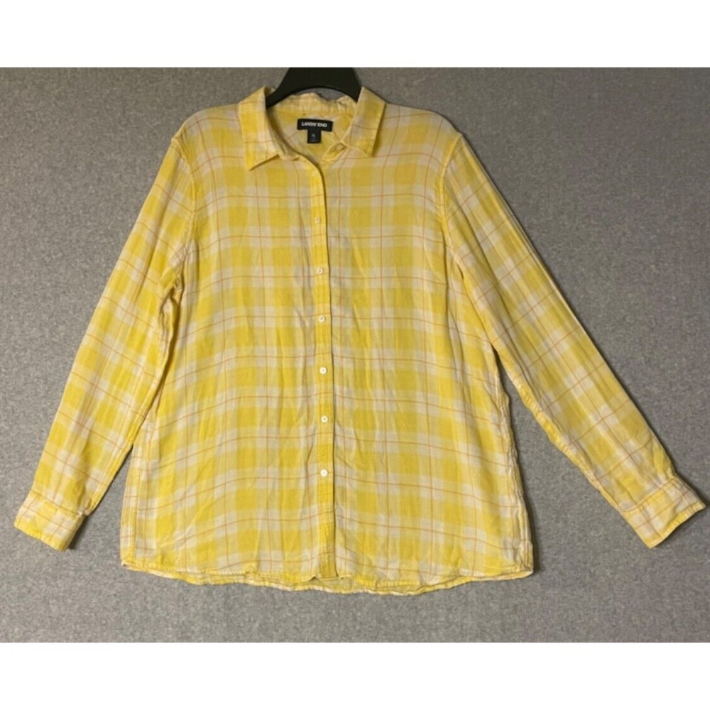 Lands End Shirt Womens XL‎ Yellow Gingham Roll Tab Sleeves Button Up Easter
